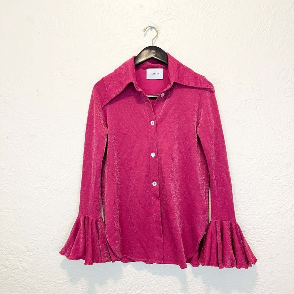 Sleeper Top Blouse Pink Metallic Bell Cuff Sleeve XS